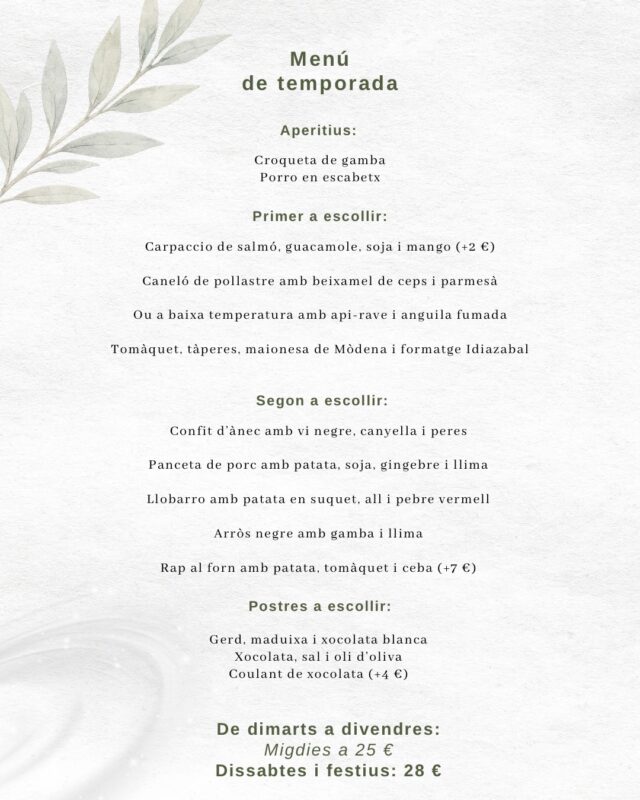 🌷MENÚ DE TEMPORADA: Disponible a partir de dimarts (31/03).
.
➡️ Un menú que podrás trobar cada dia, de dimarts a divendres amb un preu de 25€ als migdies. També el podreu escollir els dissabtes i festius, per 28€.
.
🔺Al link de la nostra BIO podeu trobar la nostra Carta i els menús que ara mateix tenim disponibles al restaurant!
.
📲Reserva taula per telèfon o per whatsapp al 683 576 164
.
•••
.
🌷MENÚ DE TEMPORADA: Disponible a partir del martes (31/03).
.
➡️ Un menú que podrás encontrar cada día, de martes a viernes, con un precio de 25 € al mediodía. También podrás elegirlo los sábados y los festivos, por 28 €.
.
🔺En el link de nuestra BIO podéis encontrar nuestra Carta y los menús que ahora mismo tenemos disponibles en el restaurante!
.
📲Reserva mesa por teléfono o por whatsapp al 683 576 164
.
.
.
.
.
.
#emporda #restaurantsdegirona #altemporda #empordalovers #restaurantscatalunya
