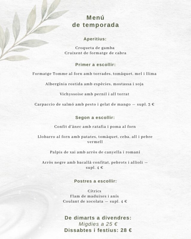 🌷MENÚ DE TEMPORADA: Disponible a partir de dimecres (29/04).
.
➡️ Un menú que podrás trobar cada dia, de dimarts a divendres amb un preu de 25€ als migdies. També el podreu escollir els dissabtes i festius, per 28€.
.
🔺Al link de la nostra BIO podeu trobar la nostra Carta i els menús que ara mateix tenim disponibles al restaurant!
.
📲Reserva taula per telèfon o per whatsapp al 683 576 164
.
•••
.
🌷MENÚ DE TEMPORADA: Disponible a partir del dimecres (29/04).
.
➡️ Un menú que podrás encontrar cada día, de martes a viernes, con un precio de 25 € al mediodía. También podrás elegirlo los sábados y los festivos, por 28 €.
.
🔺En el link de nuestra BIO podéis encontrar nuestra Carta y los menús que ahora mismo tenemos disponibles en el restaurante!
.
📲Reserva mesa por teléfono o por whatsapp al 683 576 164
.
.
.
.
.
.
#emporda #restaurantsdegirona #altemporda #empordalovers #restaurantscatalunya